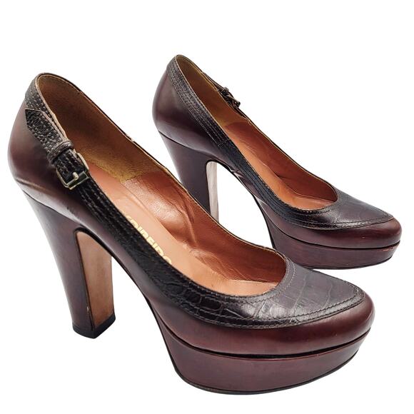 Clements Ribeiro Brown Leather Crocodile Embossed Platform Block Heels Size 6.5 - Picture 1 of 10